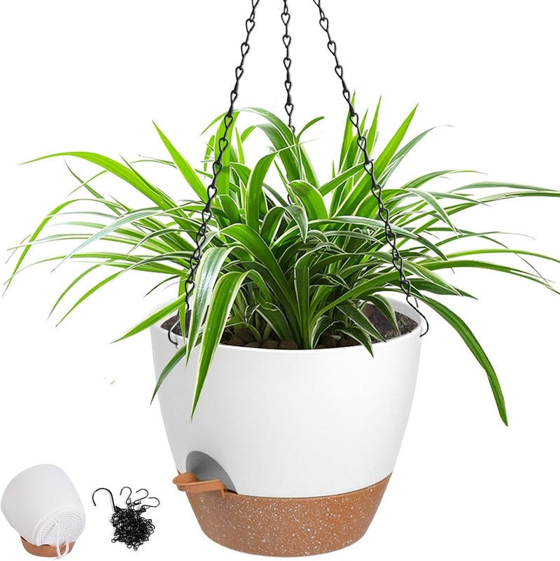 Vanslogreen Hanging Planters for Indoor Outdoor Plants, 1 Set Self Watering Hanging Pot with Drainage Holes & Removable Tray (White-12inch, 12'') - Image 1